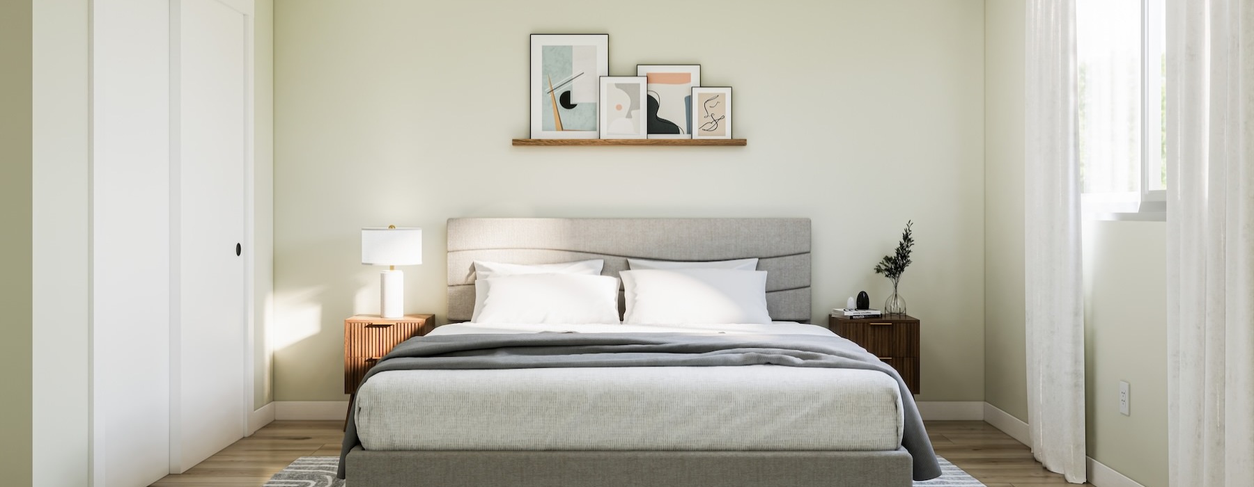 bedroom with a large window and bed