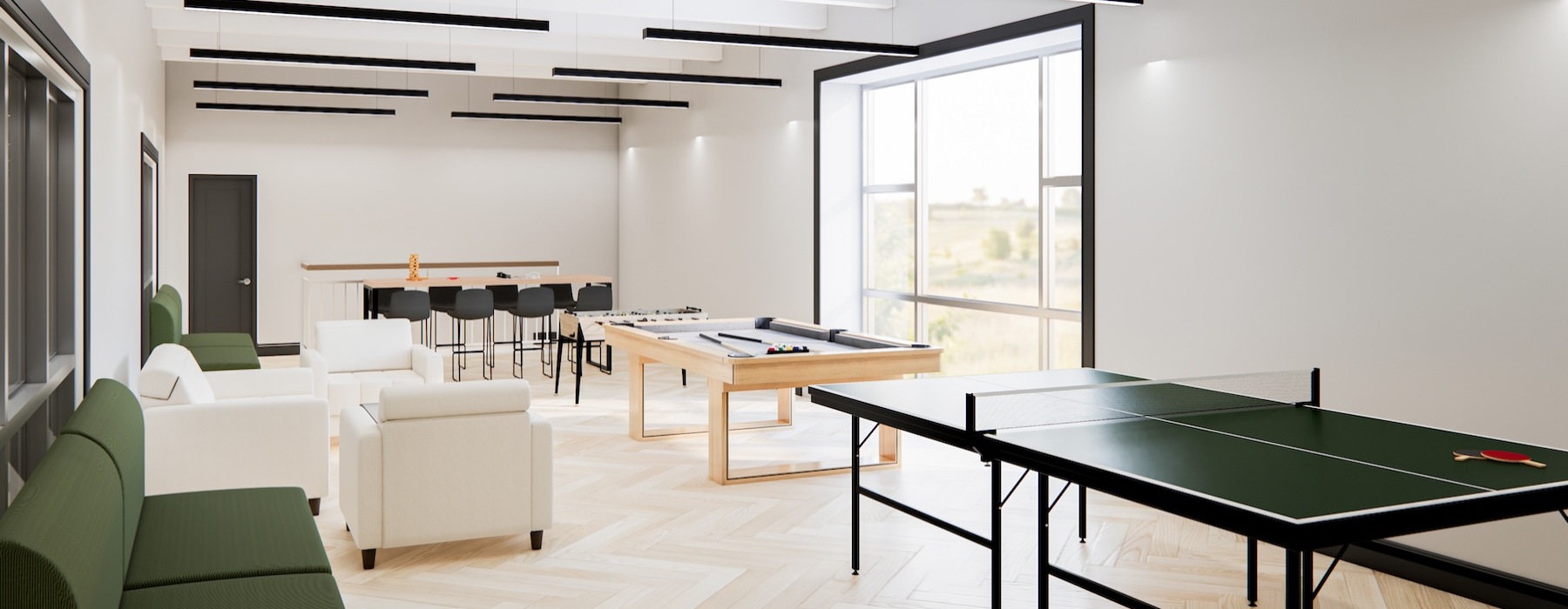 a room with ping-pong and billiards