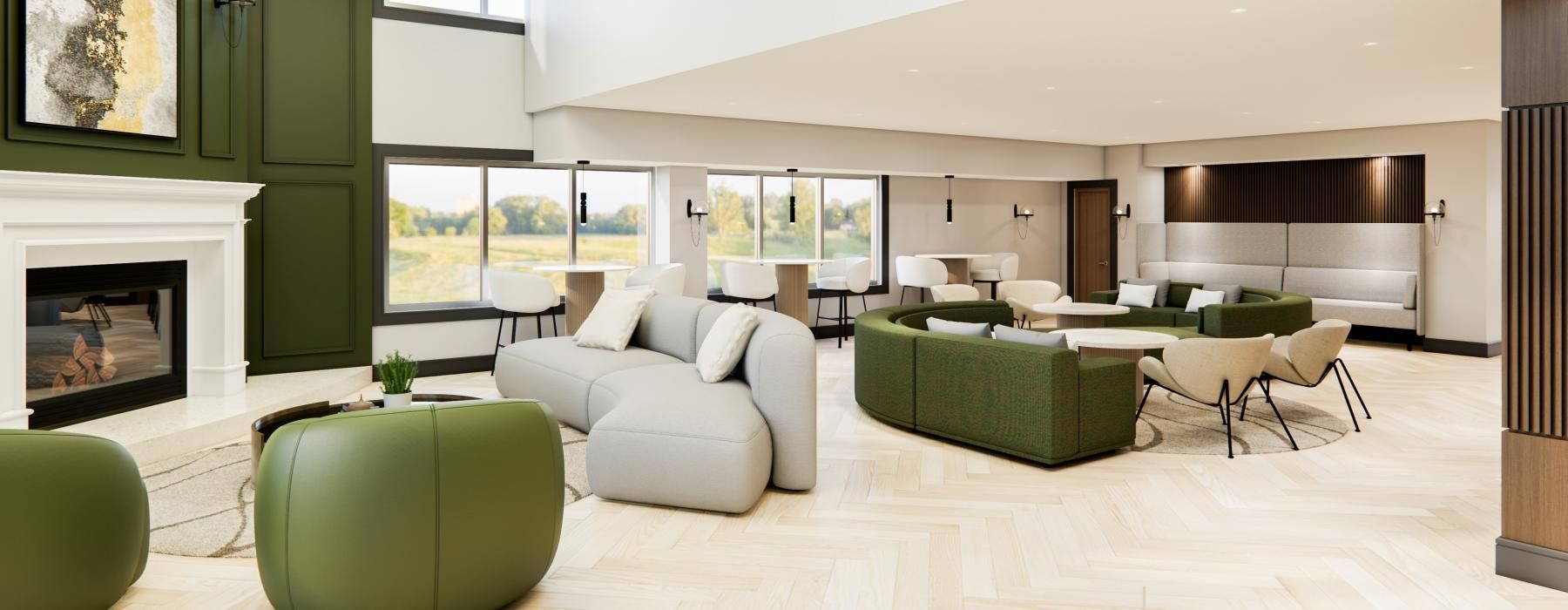 a large room with green furniture