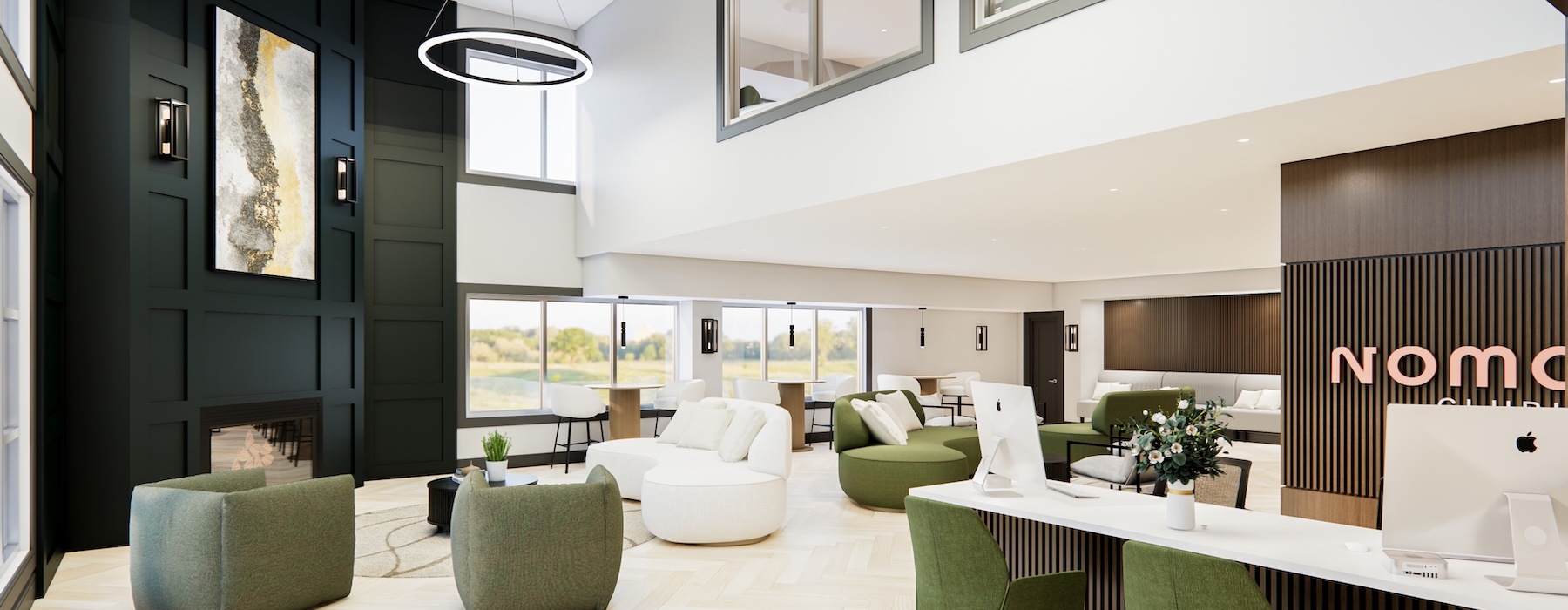 a room with green walls and a large glass window