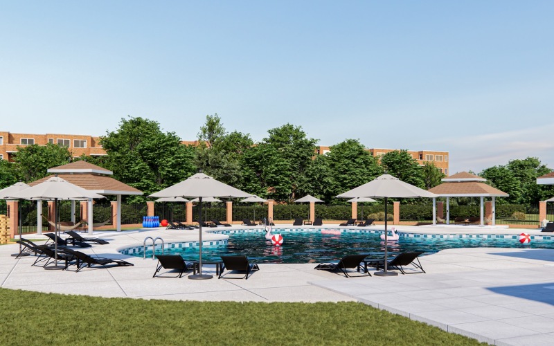 a pool area with lounge seating